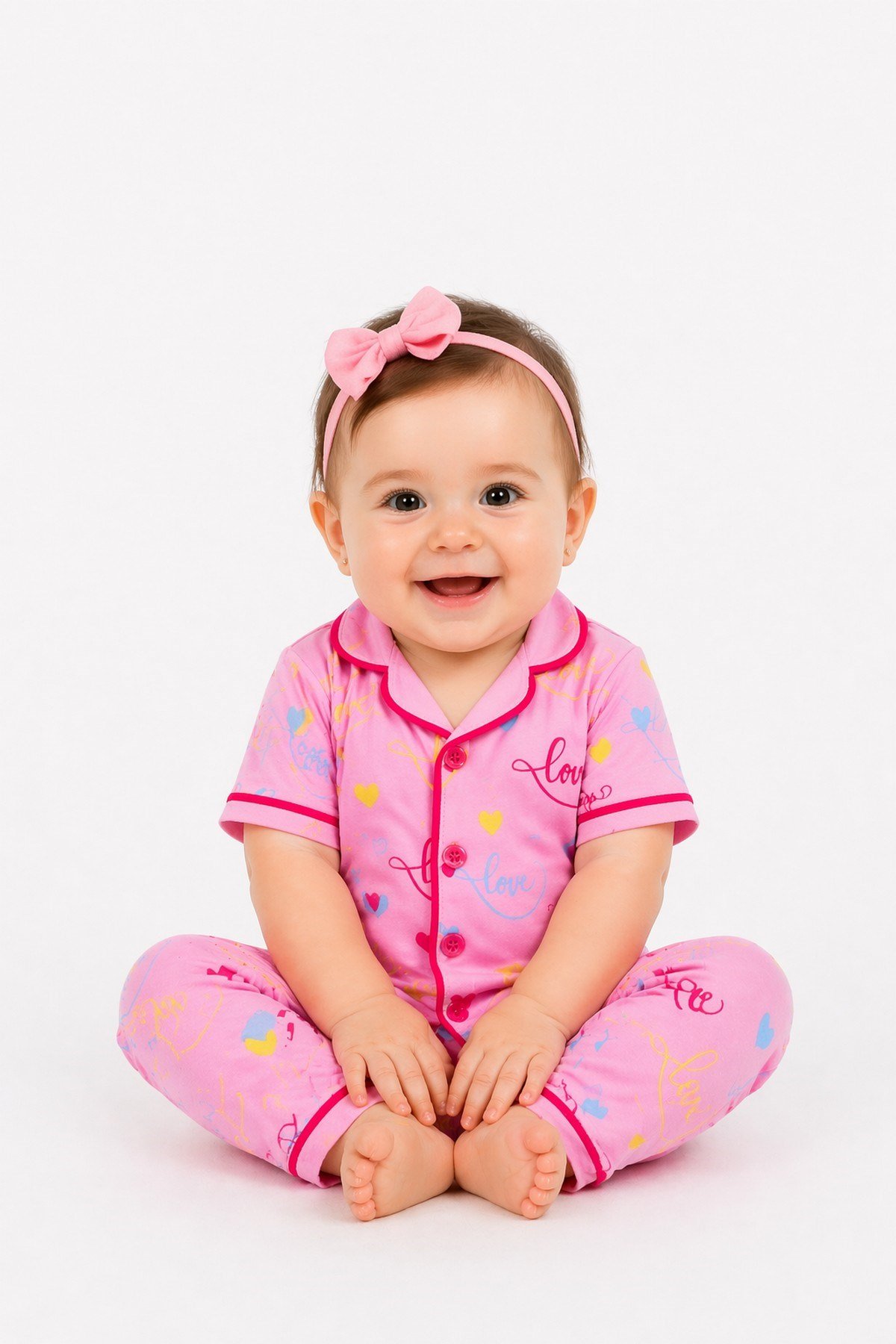 Kız Çocuk/Bebek Love Desenli Kısa Kollu Pijama Takımı Yazlık %100Pamuk 2'li Alt Üst Takım 6-24aylık 3-6yaş