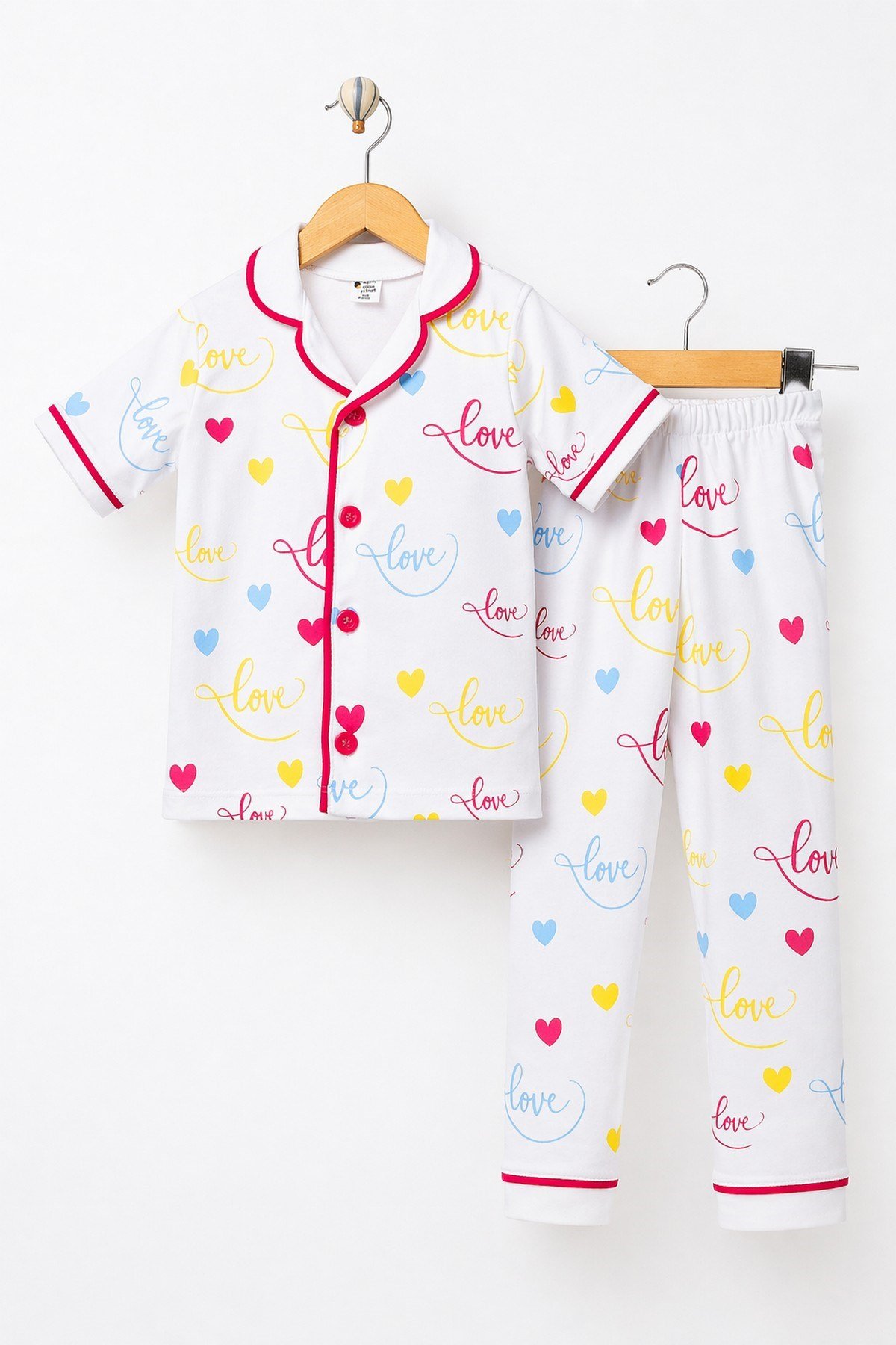 Kız Çocuk/Bebek Love Desenli Kısa Kollu Pijama Takımı Yazlık %100Pamuk 2'li Alt Üst Takım 6-24aylık 3-6yaş