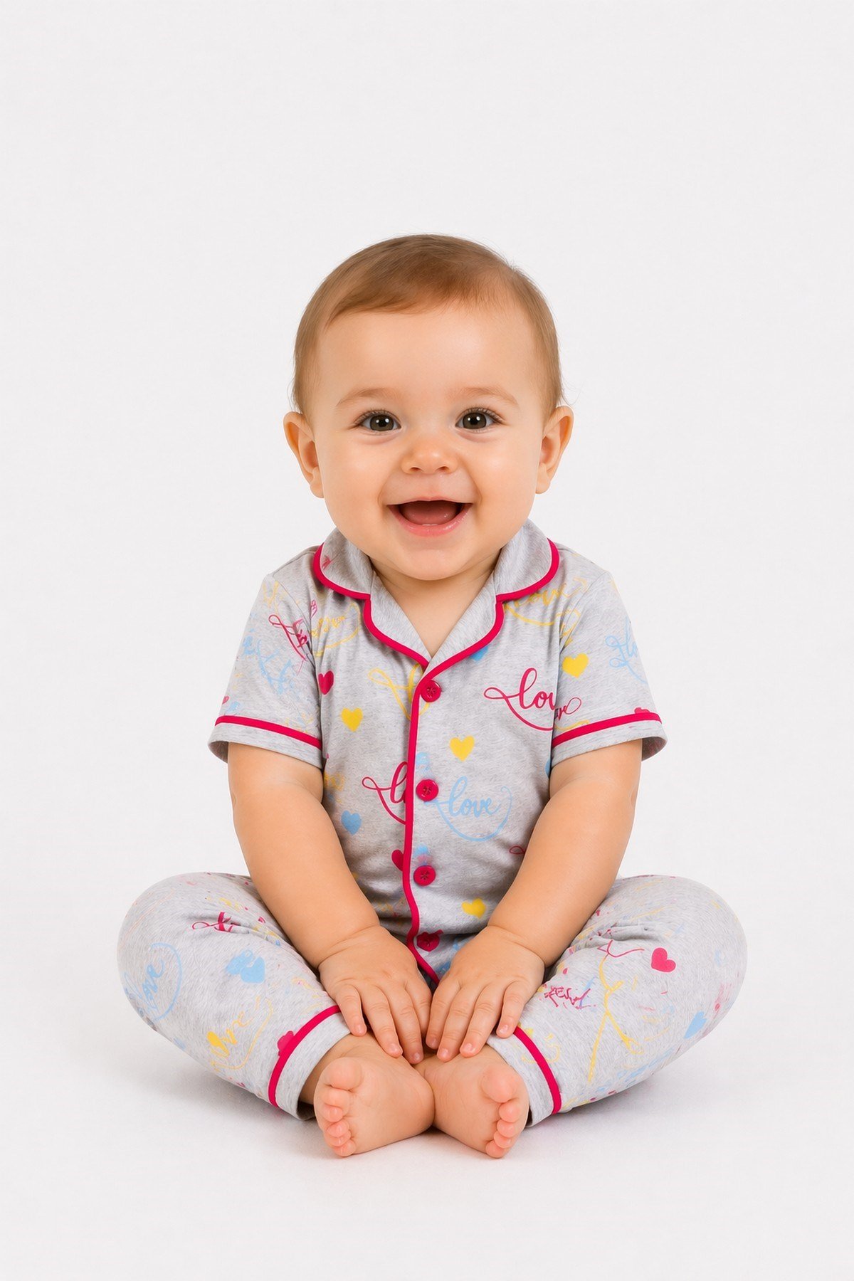 Kız Çocuk/Bebek Love Desenli Kısa Kollu Pijama Takımı Yazlık %100Pamuk 2'li Alt Üst Takım 6-24aylık 3-6yaş