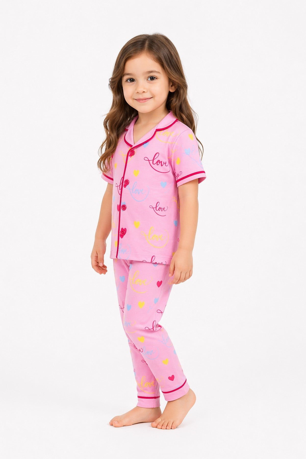 Kız Çocuk/Bebek Love Desenli Kısa Kollu Pijama Takımı Yazlık %100Pamuk 2'li Alt Üst Takım 6-24aylık 3-6yaş