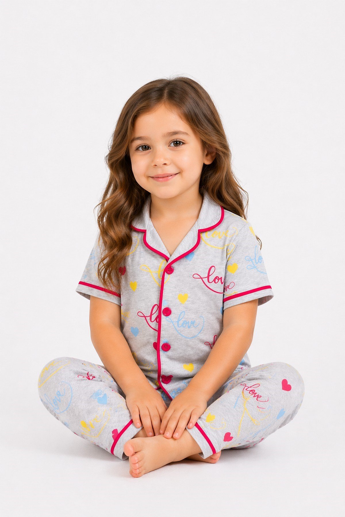 Kız Çocuk/Bebek Love Desenli Kısa Kollu Pijama Takımı Yazlık %100Pamuk 2'li Alt Üst Takım 6-24aylık 3-6yaş