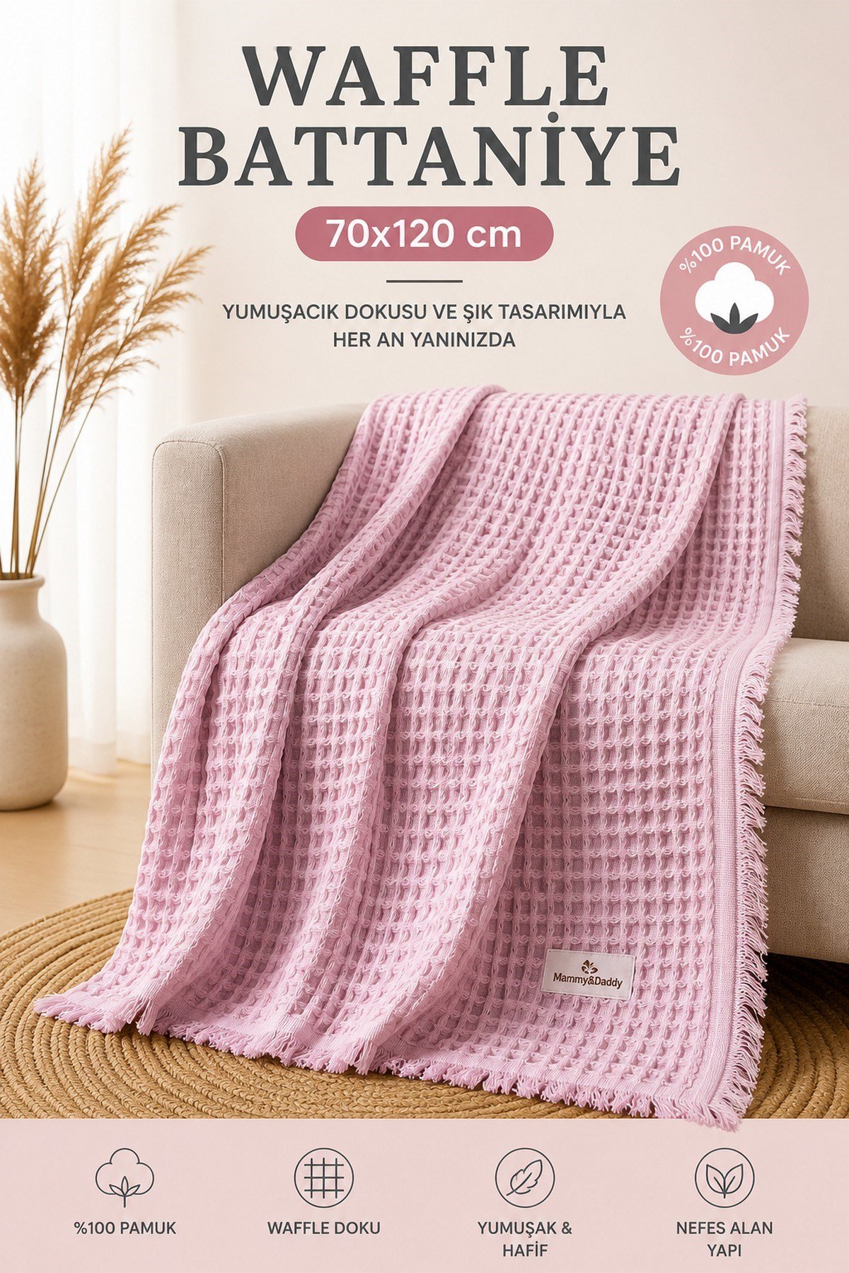 Waffle Bebek Battaniyesi 70cmx120cm Püsküllü %100Pamuk Nefes Alan Yumuşak Çok Amaçlı Battaniye Mammy&Daddy