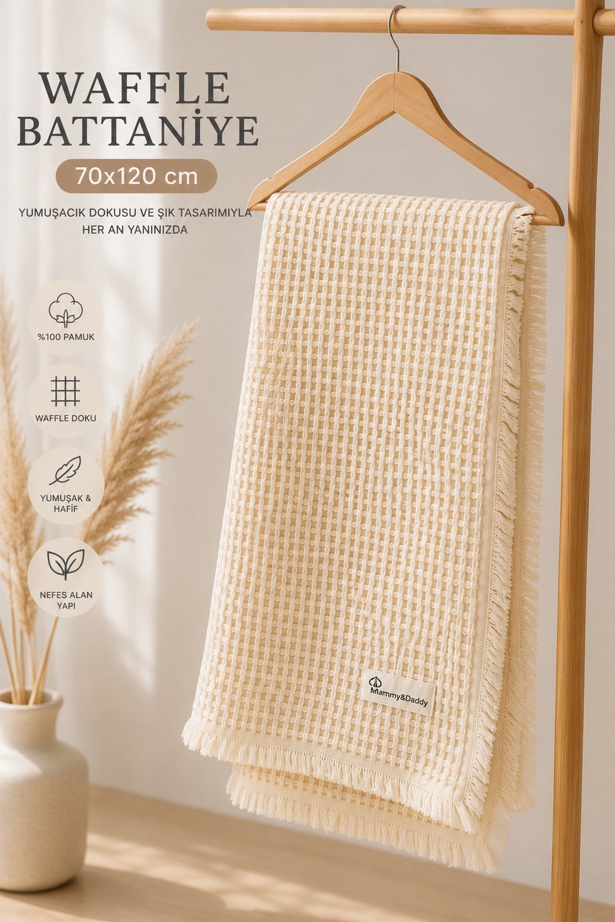 Waffle Bebek Battaniyesi 70cmx120cm Püsküllü %100Pamuk Nefes Alan Yumuşak Çok Amaçlı Battaniye Mammy&Daddy