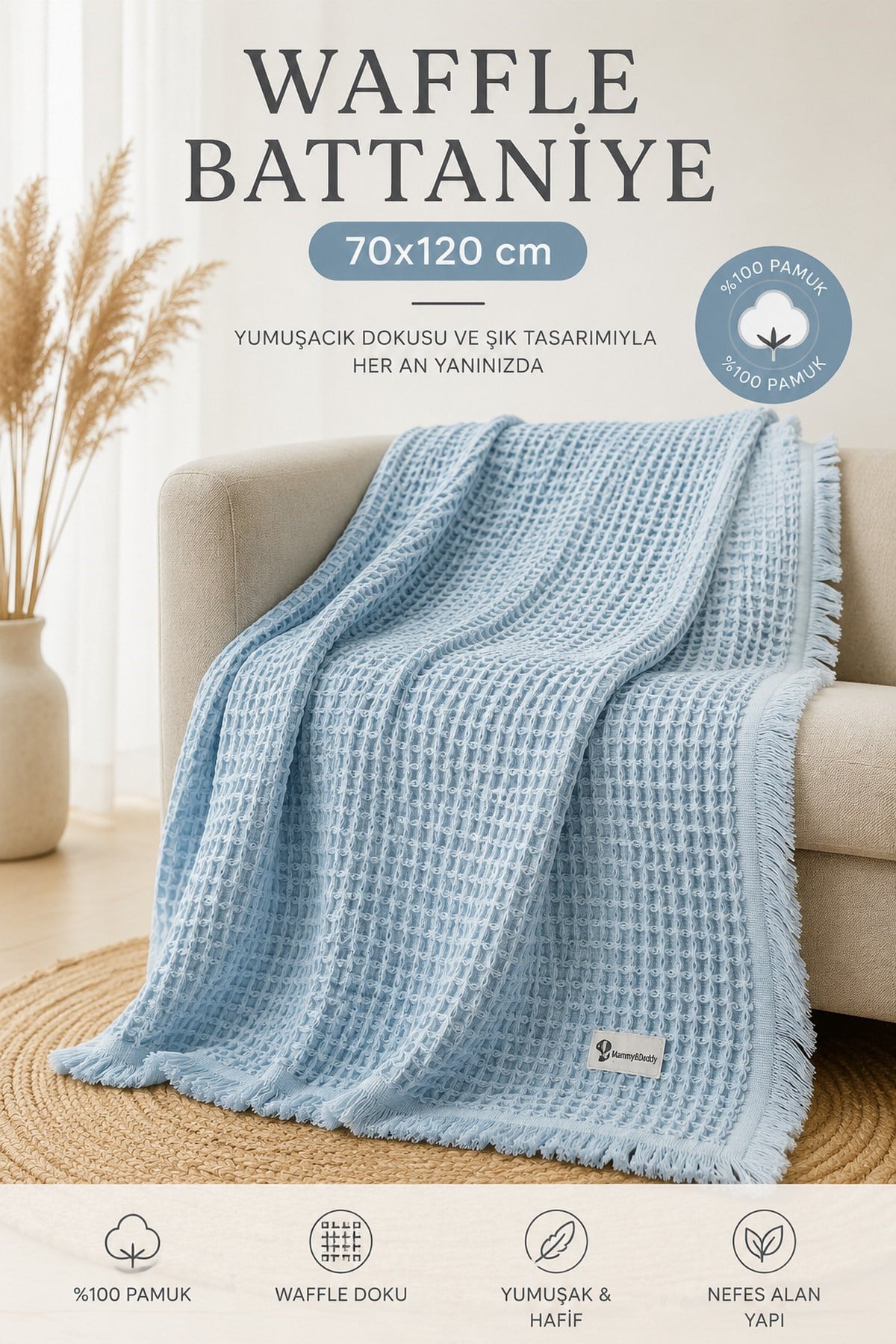 Waffle Bebek Battaniyesi 70cmx120cm Püsküllü %100Pamuk Nefes Alan Yumuşak Çok Amaçlı Battaniye Mammy&Daddy
