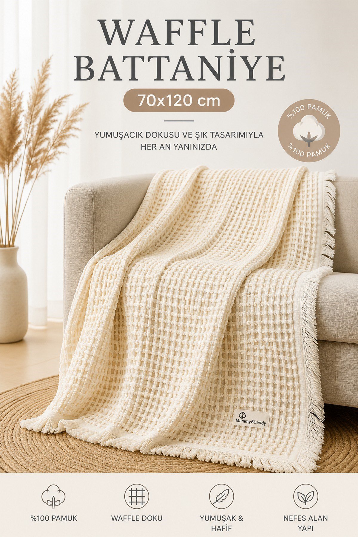 Waffle Bebek Battaniyesi 70cmx120cm Püsküllü %100Pamuk Nefes Alan Yumuşak Çok Amaçlı Battaniye Mammy&Daddy