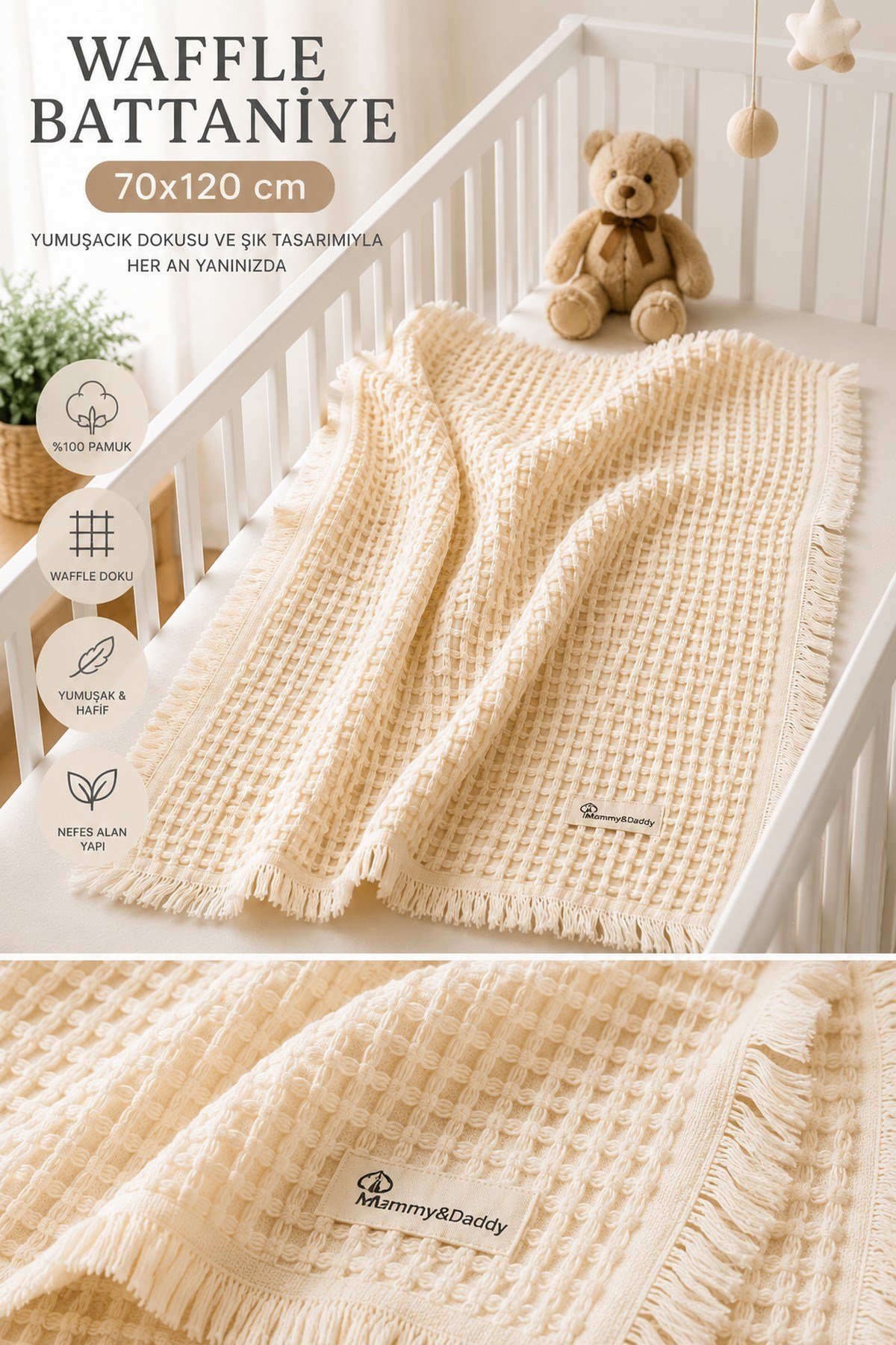Waffle Bebek Battaniyesi 70cmx120cm Püsküllü %100Pamuk Nefes Alan Yumuşak Çok Amaçlı Battaniye Mammy&Daddy