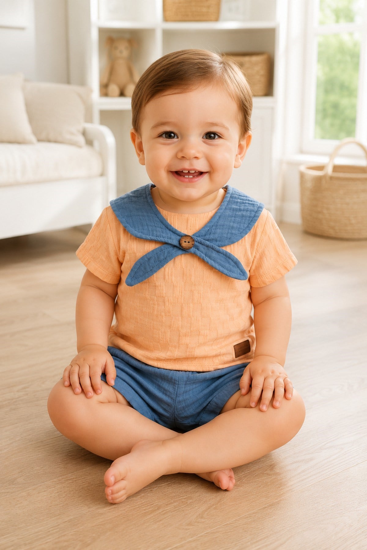 Yaka Detaylı Müslin Şortlu Tarz Alt Üst 2li Erkek Bebek Takım Pamuk+Müslin 6-9-12-18-24 aylık