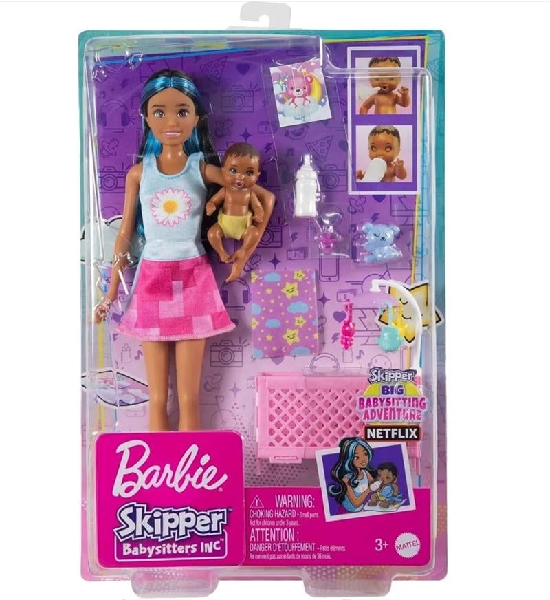 Barbie ve aksesuarları, Skipper bebek, uykulu bebek figürü ve beşikli oyun seti, mobilya ve temalı aksesuarlar, Bebek Bakıcısı, HJY33