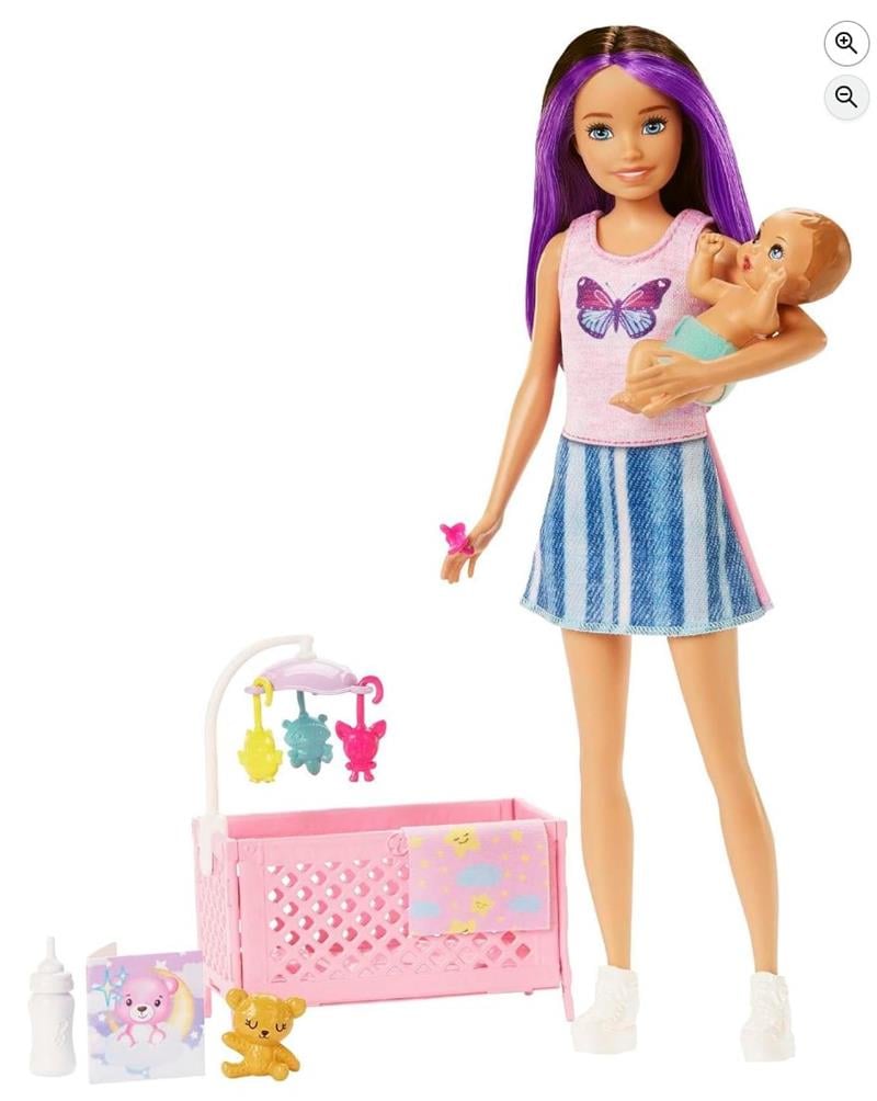 Barbie ve aksesuarları, Skipper bebek, uykulu bebek figürü ve beşikli oyun seti, mobilya ve temalı aksesuarlar, Bebek Bakıcısı, HJY33