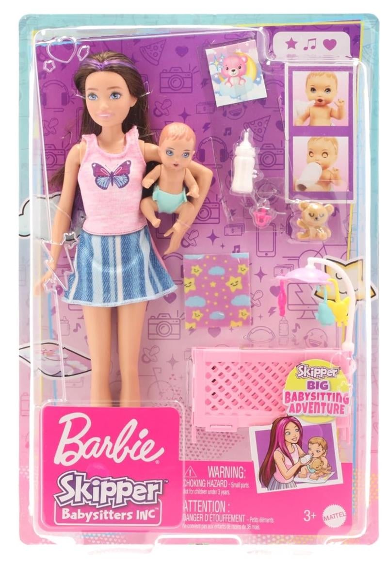 Barbie ve aksesuarları, Skipper bebek, uykulu bebek figürü ve beşikli oyun seti, mobilya ve temalı aksesuarlar, Bebek Bakıcısı, HJY33