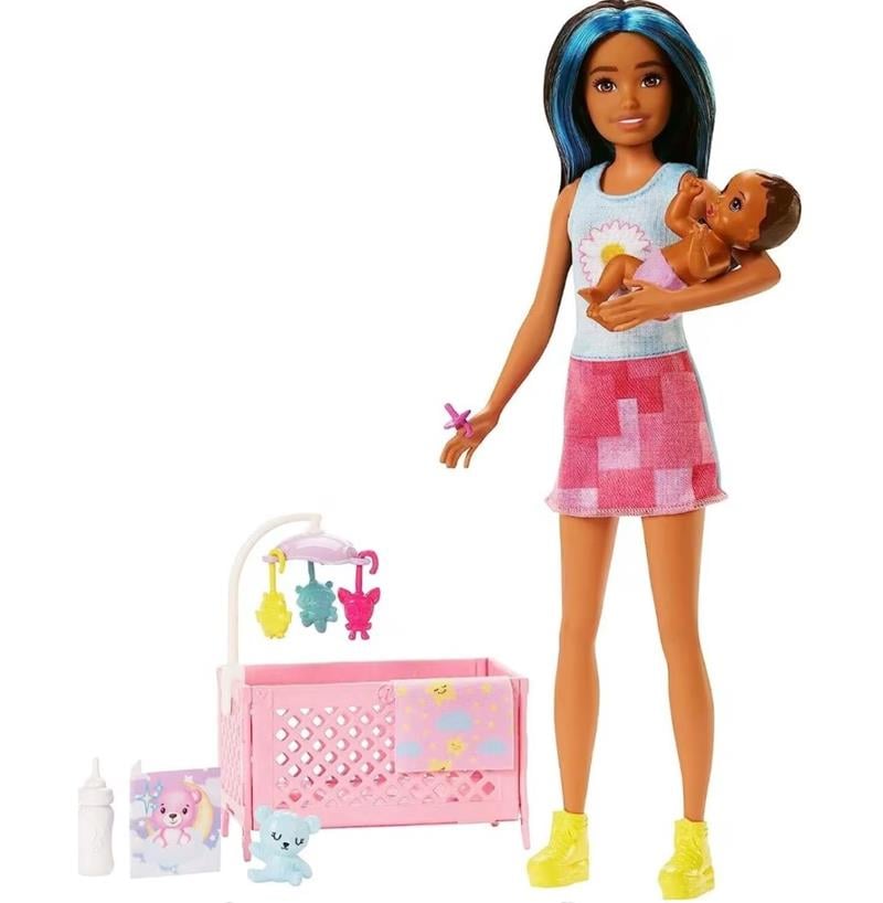 Barbie ve aksesuarları, Skipper bebek, uykulu bebek figürü ve beşikli oyun seti, mobilya ve temalı aksesuarlar, Bebek Bakıcısı, HJY33