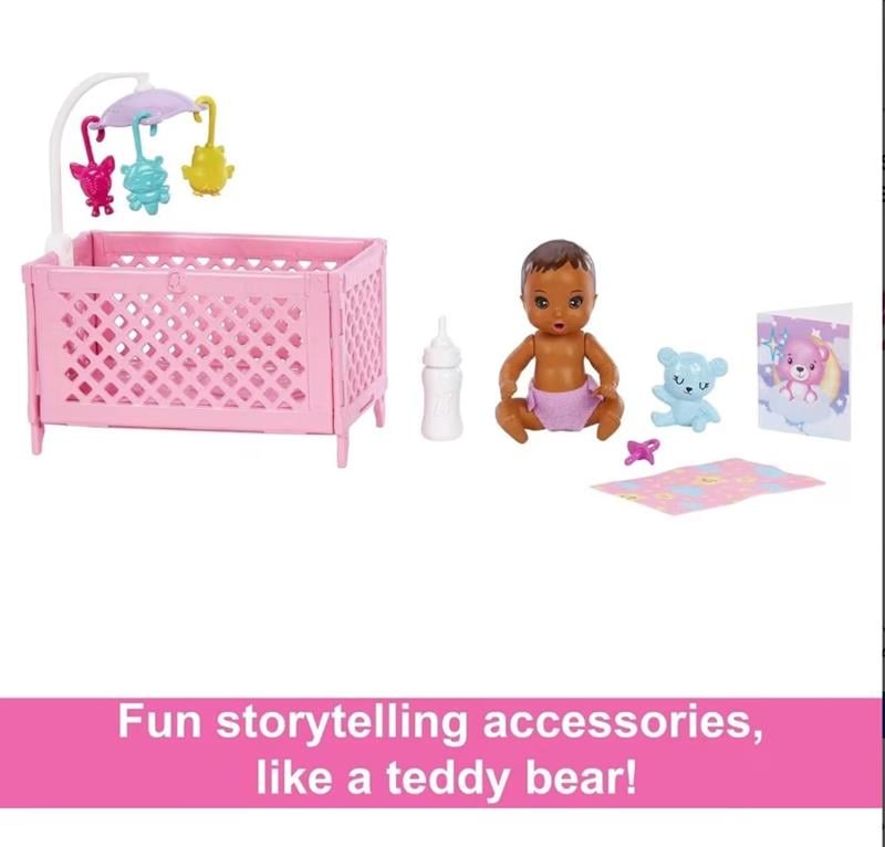 Barbie ve aksesuarları, Skipper bebek, uykulu bebek figürü ve beşikli oyun seti, mobilya ve temalı aksesuarlar, Bebek Bakıcısı, HJY33