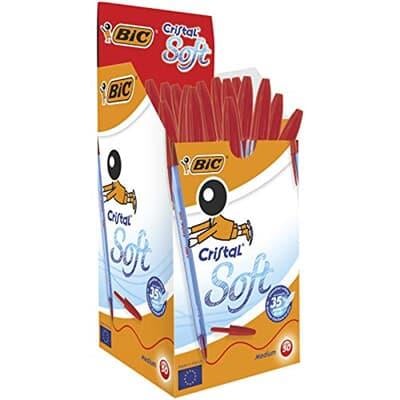 Bic Cristal Soft Tükenmez Kalem, Kırmızı, 50'li Kutu, 1.2 mm Orta Kalınlıkta Uç, Şeffaf Gövde, Delikli Kapak