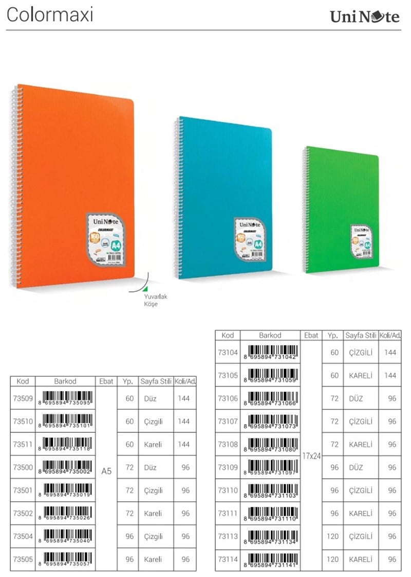 Colormaxi PP Kapaklı A4 Spiralli 40 Yaprak Kareli Defter 12'li Paket