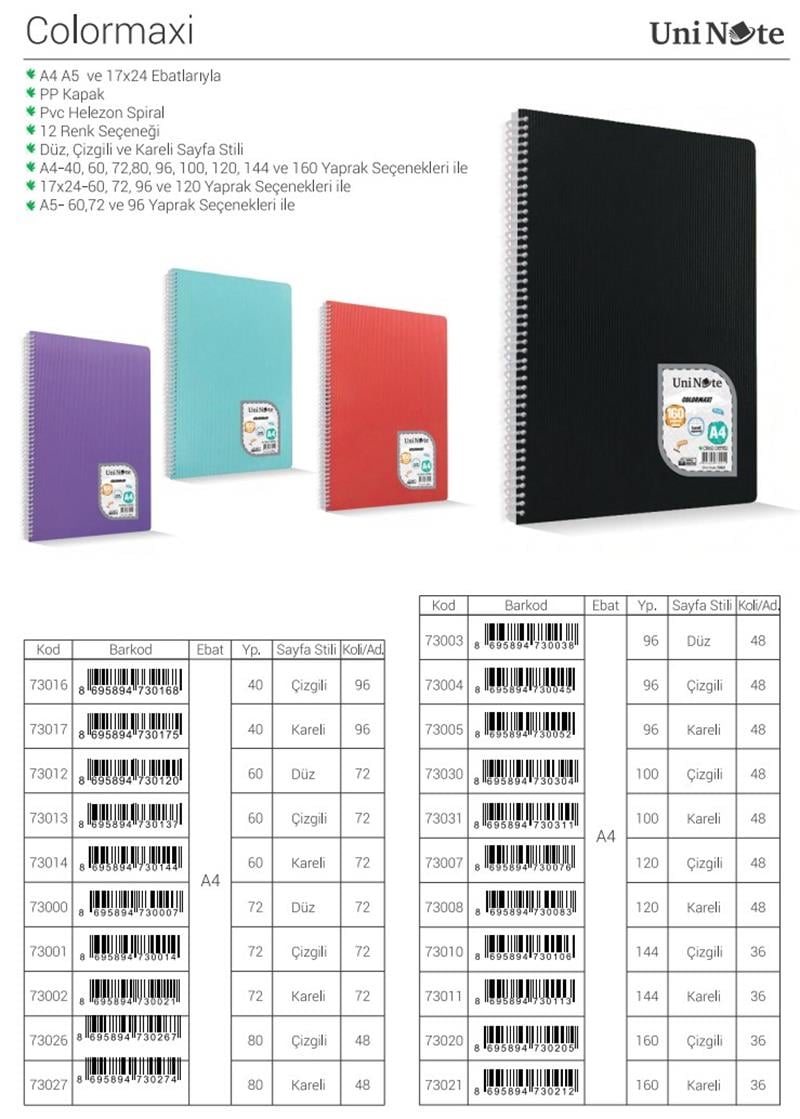 Colormaxi PP Kapaklı A4 Spiralli 40 Yaprak Kareli Defter 12'li Paket