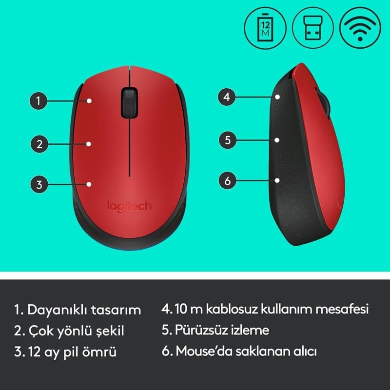 Logitech Mouse M171 Siyah-Mavi-Kırmızı Kablosuz