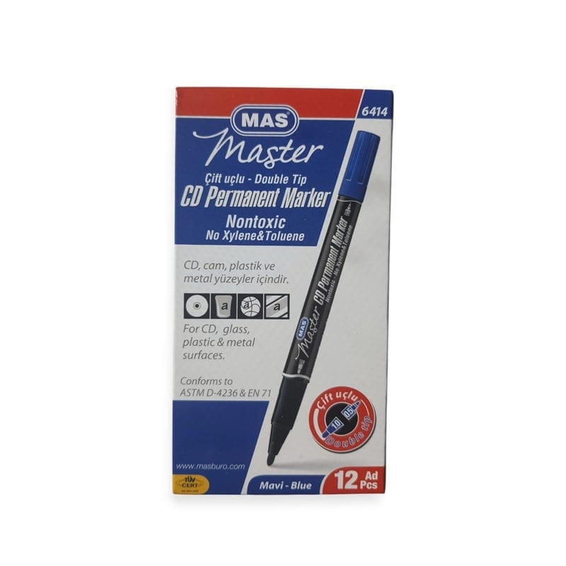 Mas Asetat Kalem CD Marker Çift Uç Mavi 12’li Paket