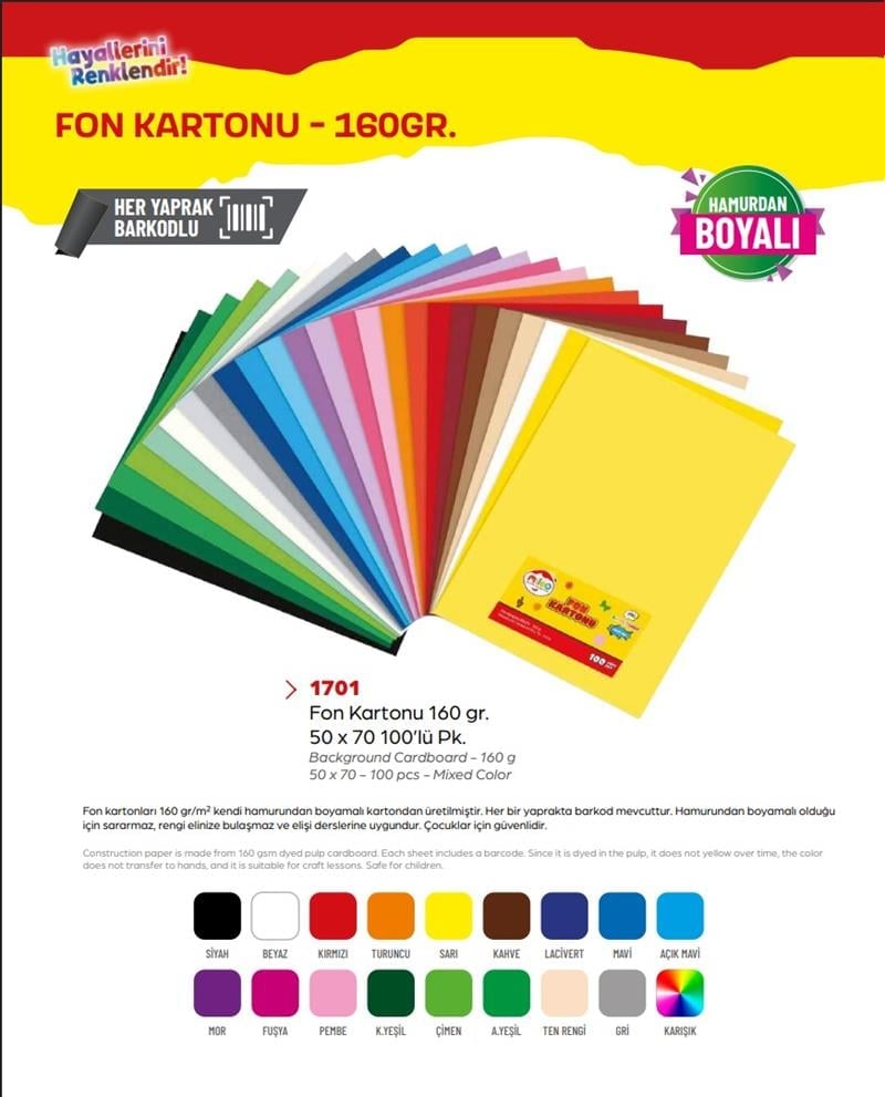 Mas Mileo Fon Kartonu 160gr 50x70 100'lü Paket Pembe Hamurdan Boyalı 1701