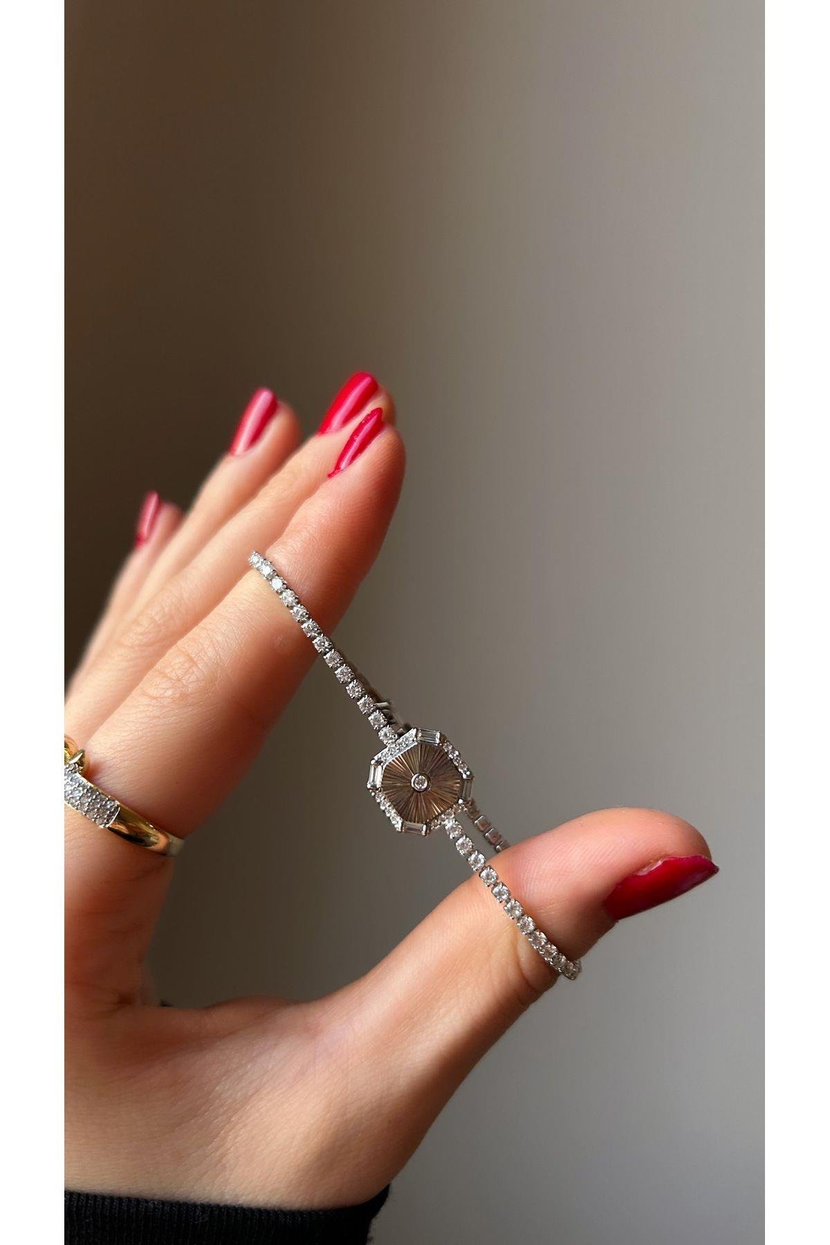 Baget Zirkon Taşlı Eklemeli Silver Çelik Bileklik