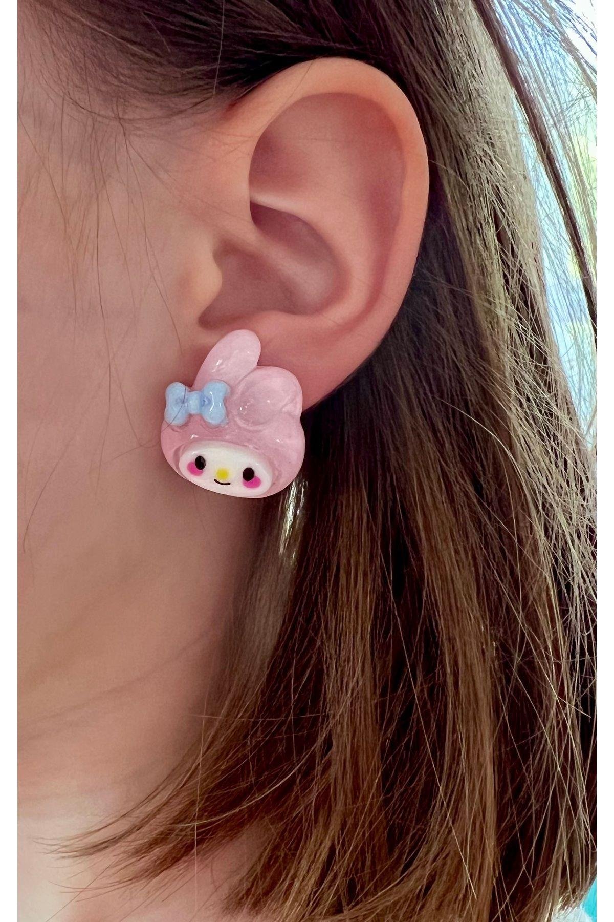 Çocuklar için Sevimli Tavşan My Melody Tasarımlı Sıkıştırmalı Küpe