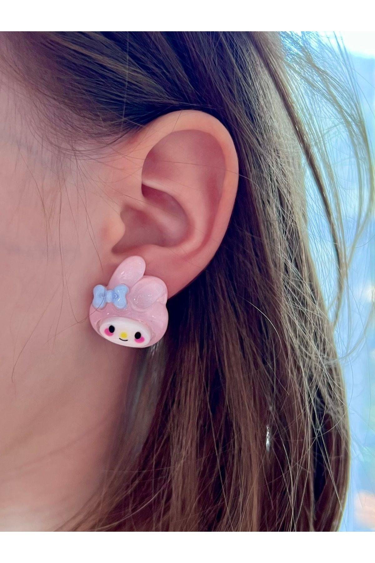 Çocuklar için Sevimli Tavşan My Melody Tasarımlı Sıkıştırmalı Küpe