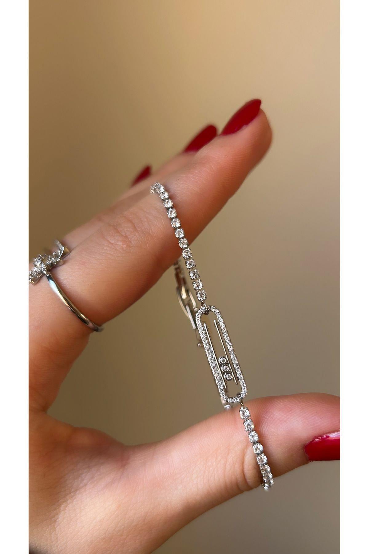 İçi Taşlı Silver Eklemeli Çelik Bileklik