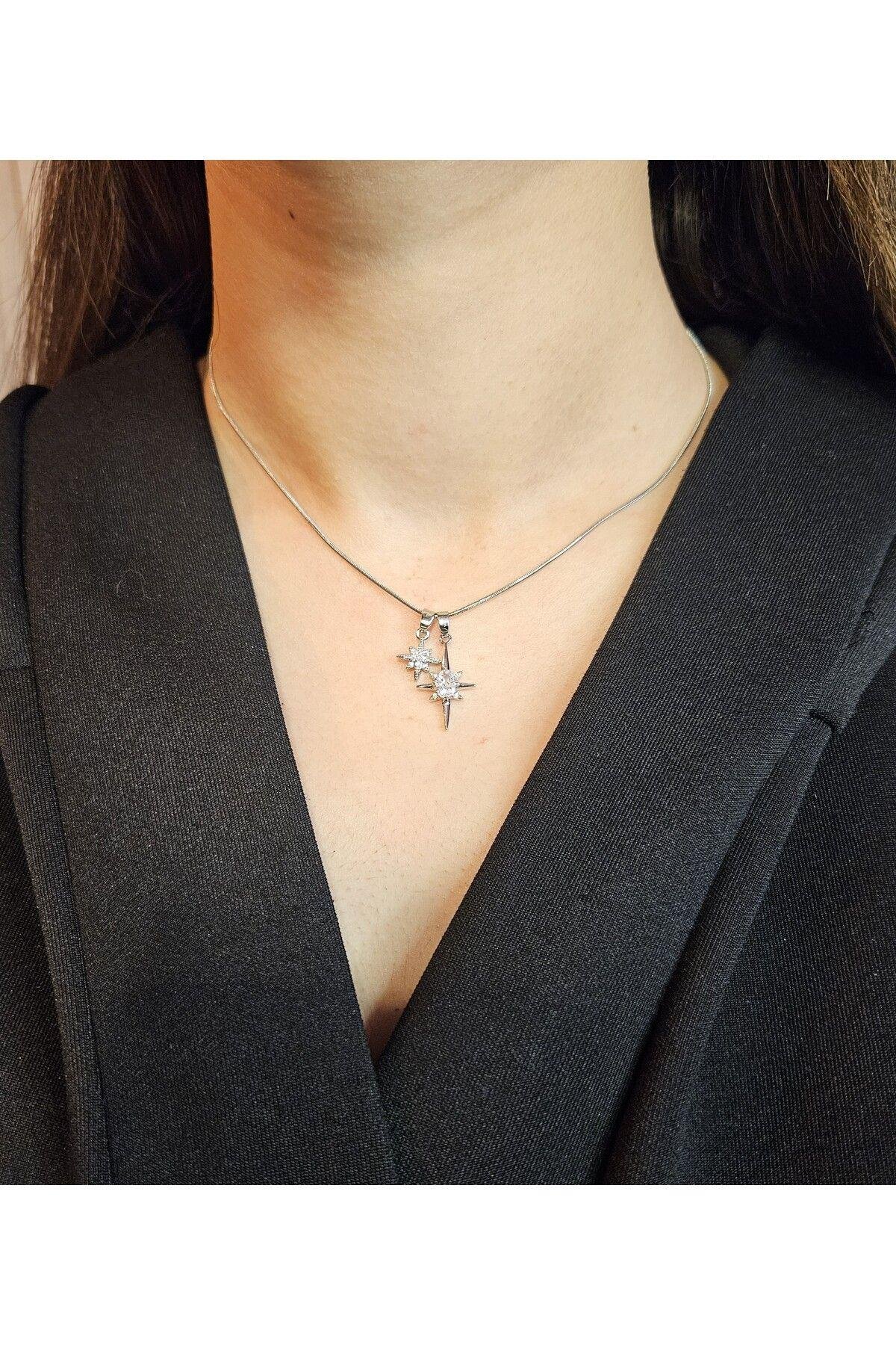 İkili Kuzey Yıldızı Silver Çelik Kolye