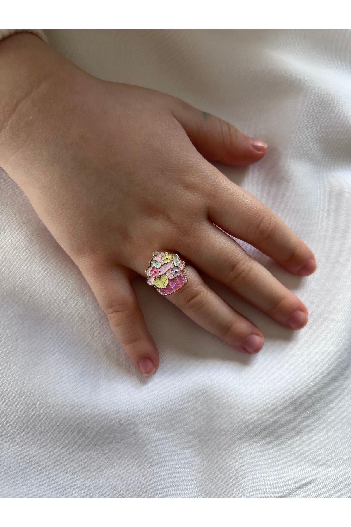 Minik Cupcake Renkli Simli Kalp Çiçek Detay Dönen Ayarlanabilir Gold Çocuk Yüzük