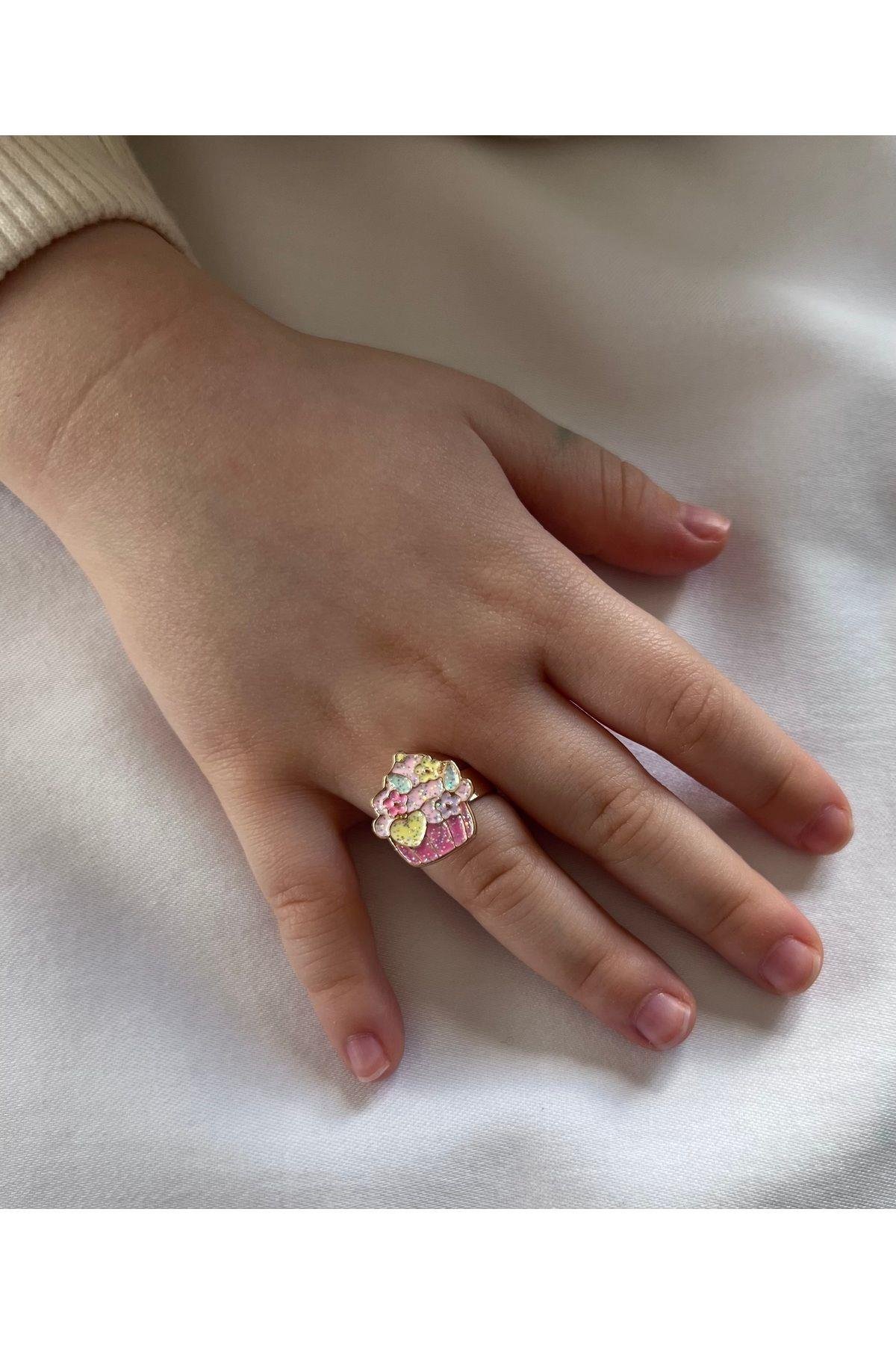 Minik Cupcake Renkli Simli Kalp Çiçek Detay Dönen Ayarlanabilir Gold Çocuk Yüzük