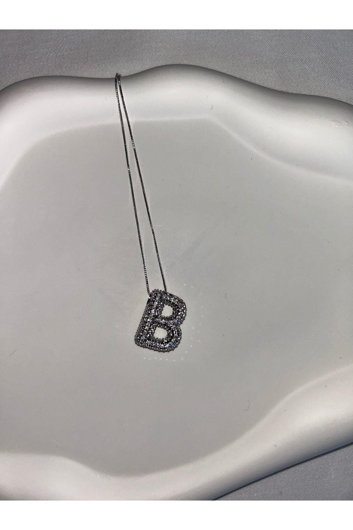Zirkon Taşlı Silver Gümüş Renk B Harf Kolye