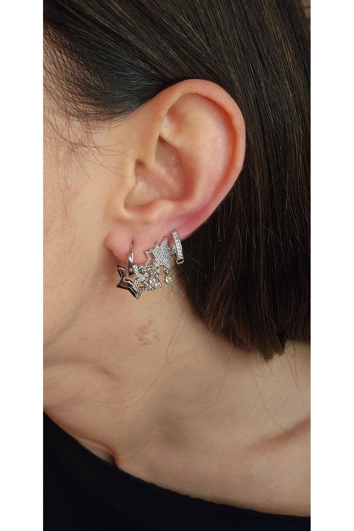 Zirkon Taşlı Yıldız Halka Silver 3lü Set Küpe