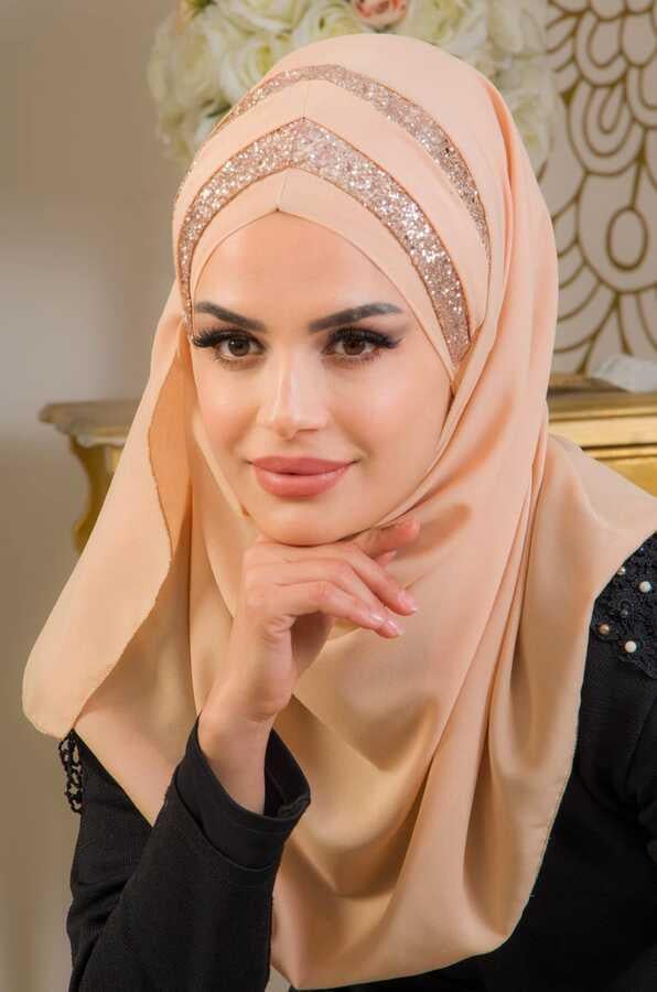 Açık Bej Çapraz Bant Abiye Double Şal