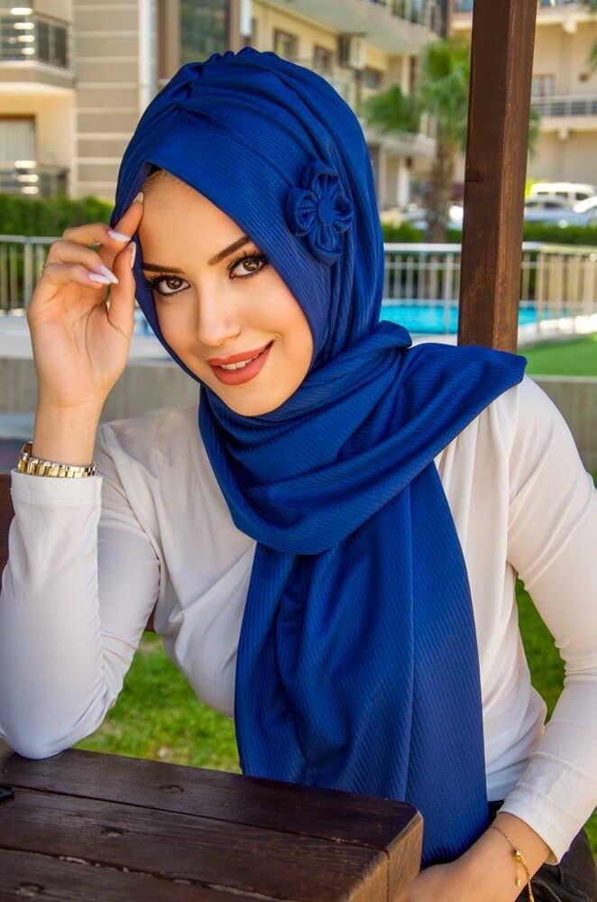 Açık Lacivert Çiçekli Pratik Şal