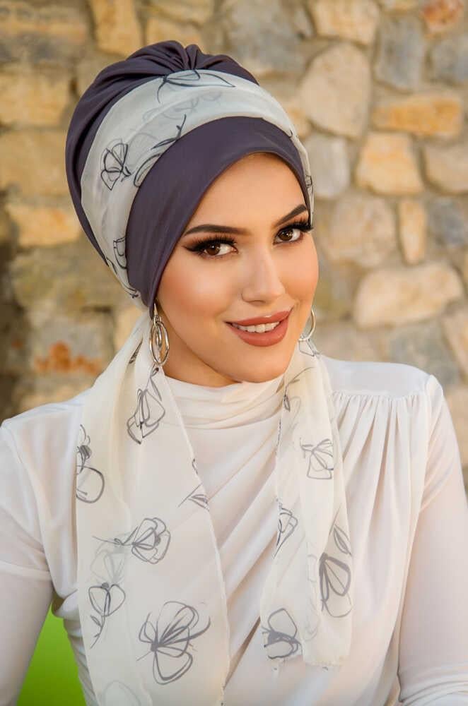 Antrasit Beyaz Çiçek Desen Fularlı Bone