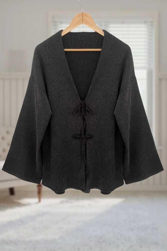 Antrasit Bürümcük Önü Bağlamalı Kimono Tunik / Likralı Ütü İstemezKumaş