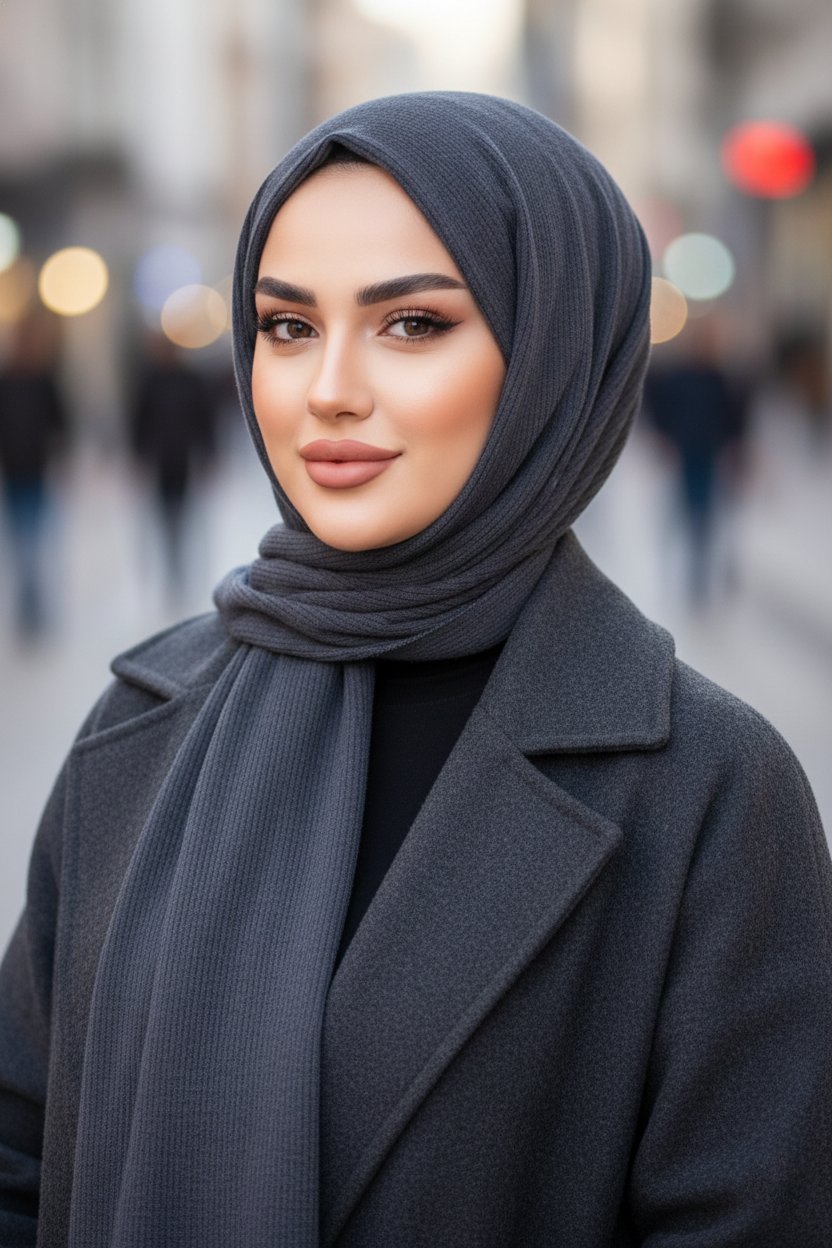 Antrasit Kapüşonlu Kışlık Çıtçıtlı Şal