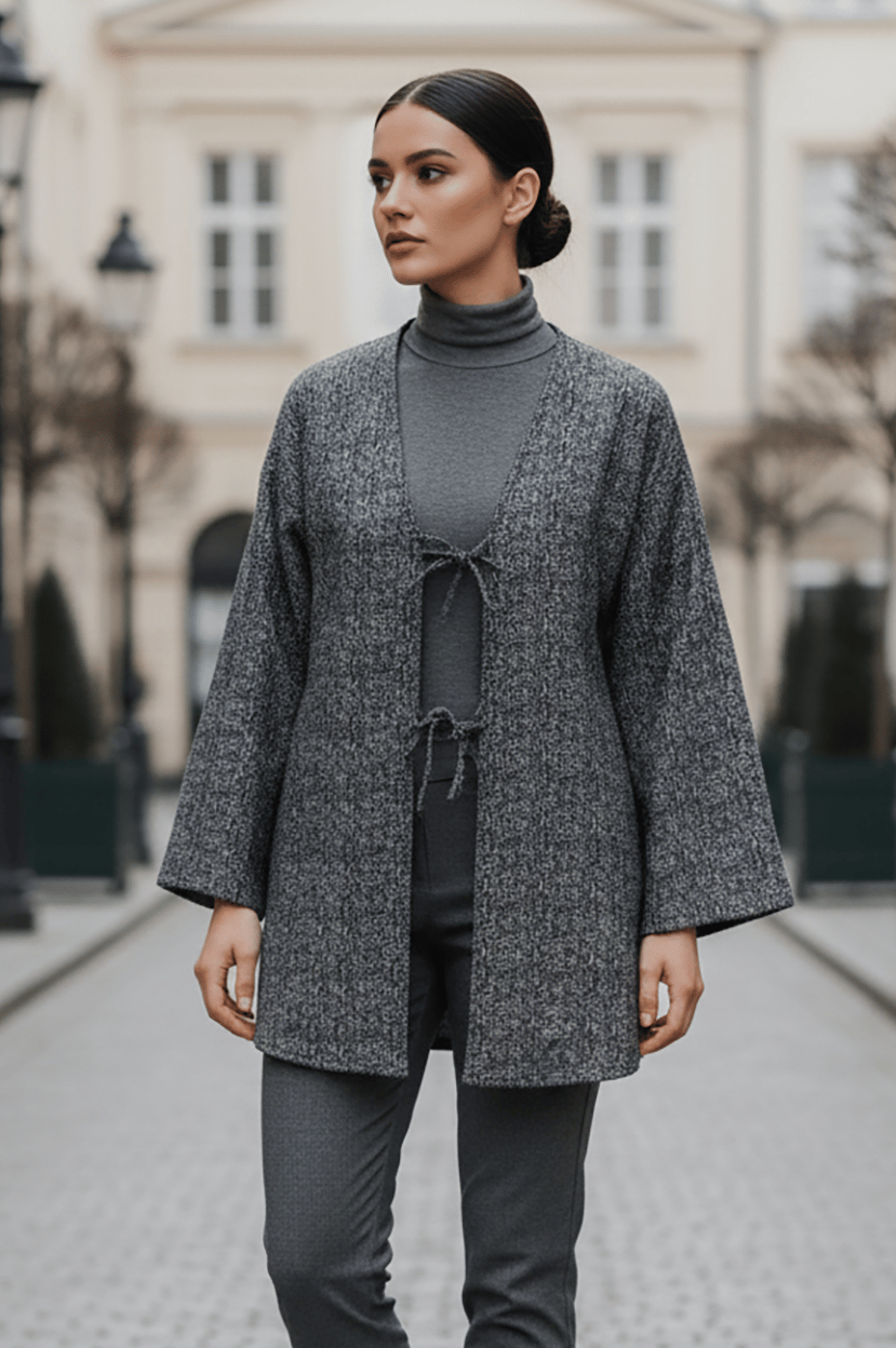 Antrasit Kırçıllı Önü Bağlamalı Kimono Tunik / Likralı Ütü İstemez Kumaş