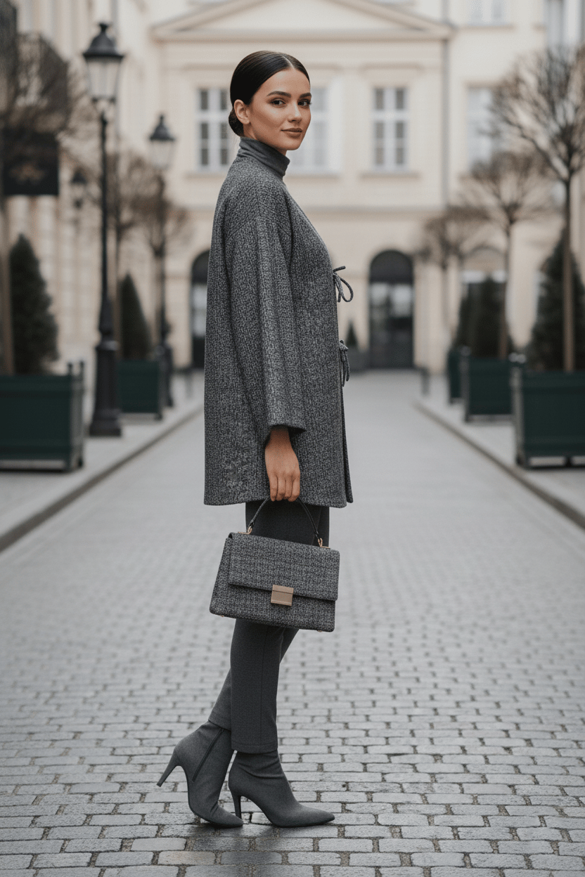 Antrasit Kırçıllı Önü Bağlamalı Kimono Tunik / Likralı Ütü İstemez Kumaş