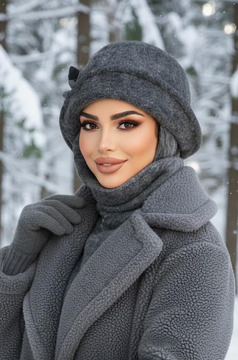 Antrasit Melanj Aksesuarlı Atkılı Vintage Şapka