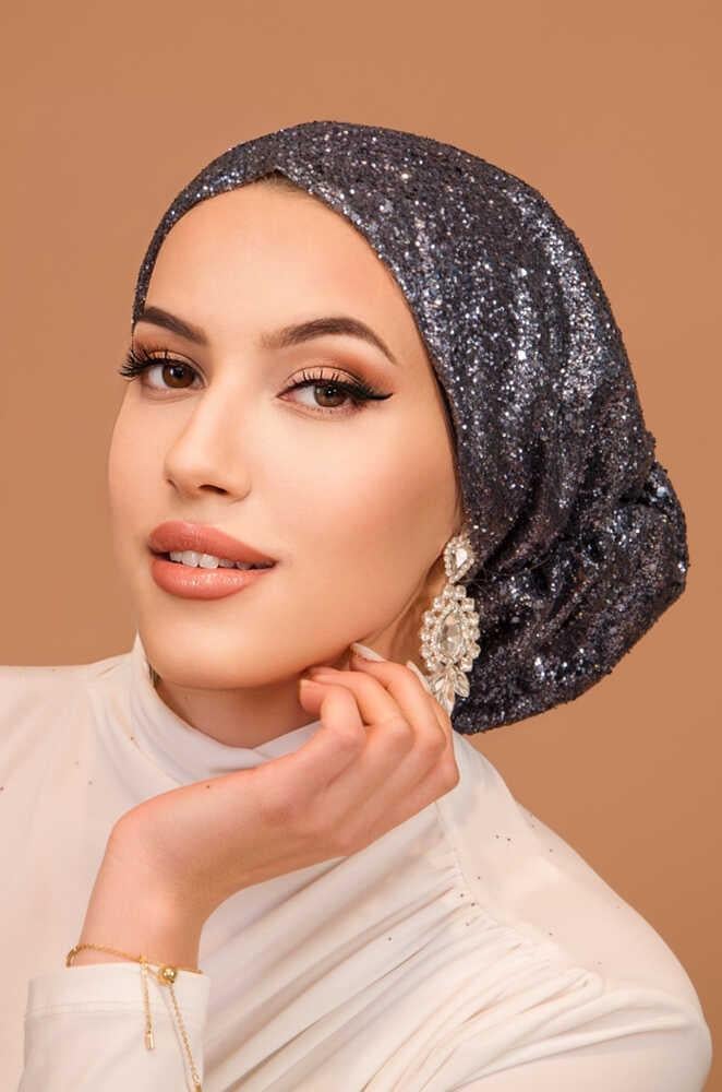 Antrasit Simli Çağla Abiye Hazır Türban Bone