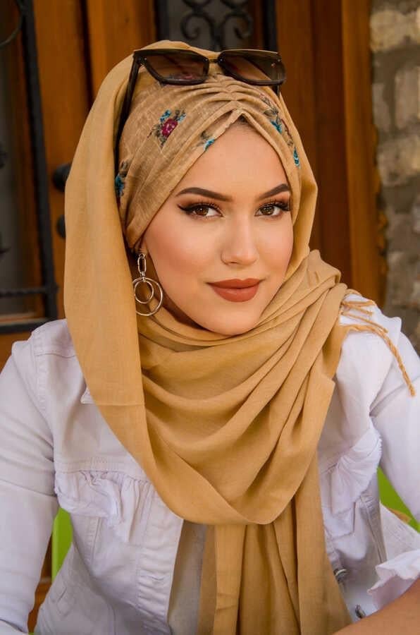 Başak Sarı Mavi Çiçek Desen Hazır Şal