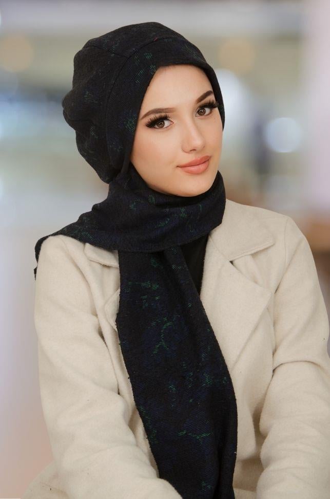 Bebe Mavi Çizgi Desen Fularlı Bone