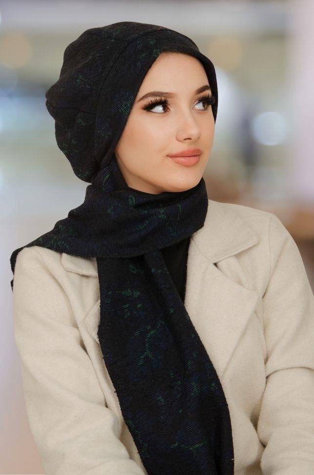 Bebe Mavi Çizgi Desen Fularlı Bone