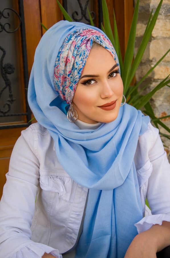 Bebe Mavi Etnik Desenli Hazır Şal