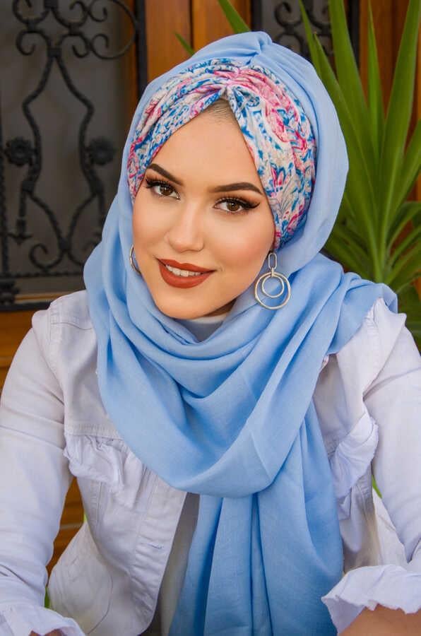 Bebe Mavi Etnik Desenli Hazır Şal