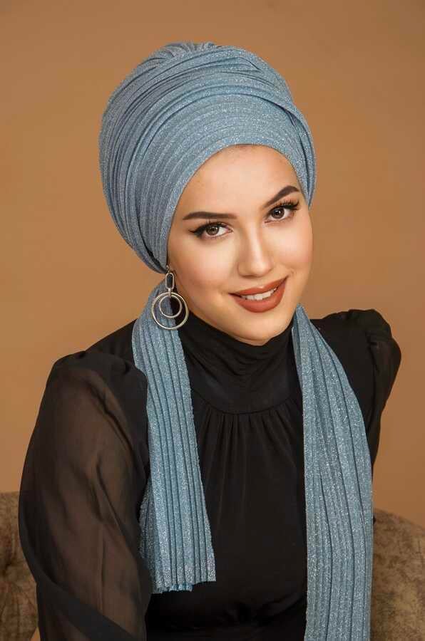 Bebe Mavi Simli Piliseli Abiye Atkılı Bone