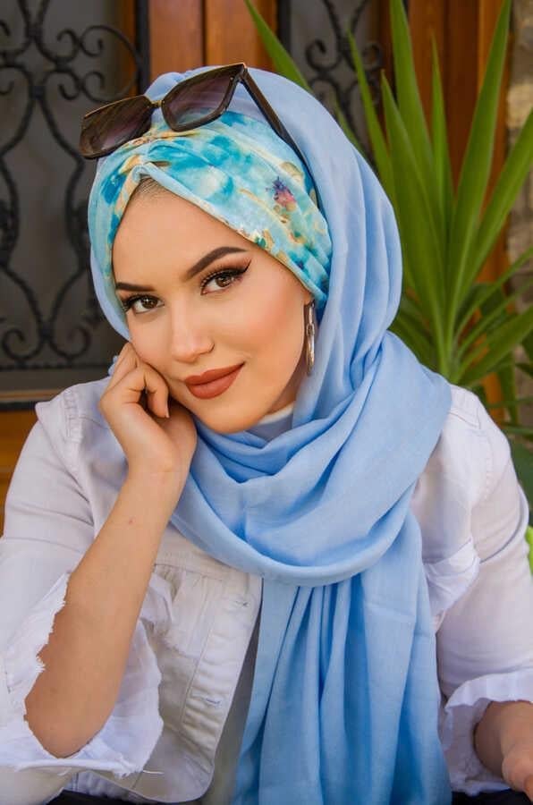 Bebe Mavi Tonlamalı Çiçek Desen Hazır Şal