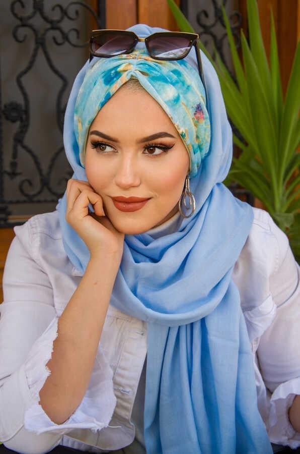 Bebe Mavi Tonlamalı Çiçek Desen Hazır Şal