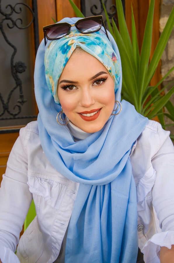 Bebe Mavi Tonlamalı Çiçek Desen Hazır Şal