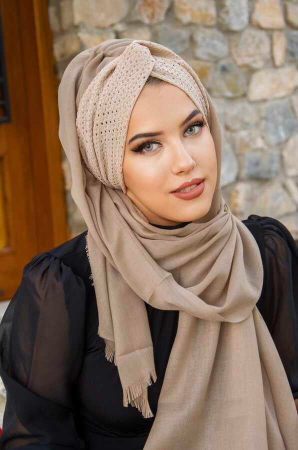 Bej Dantel Burgu Hazır Şal